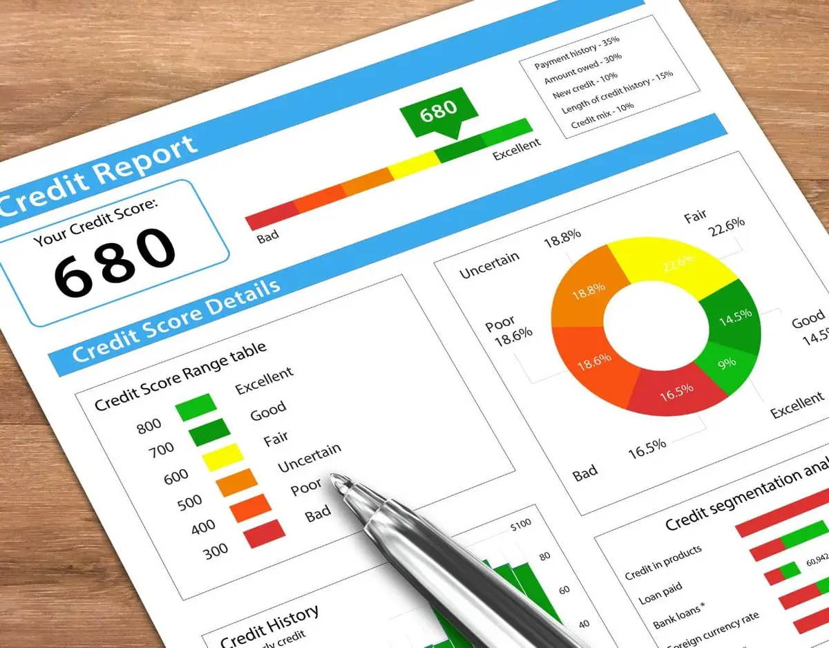 Credit report with a pen resting on top