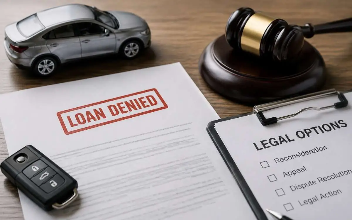 Auto loan denial document with legal options and car keys.