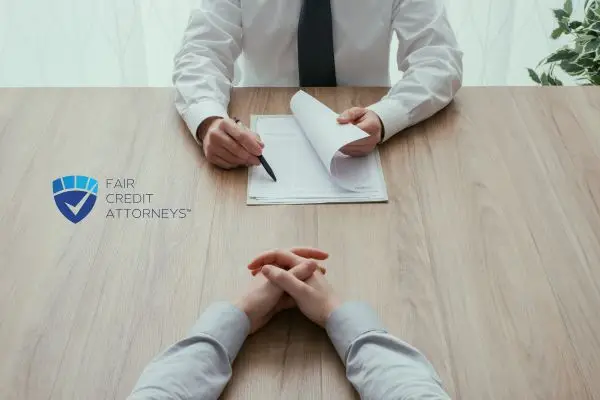 Person folding hands on desk sitting across from someone going over paperwork