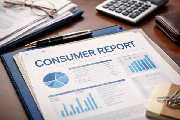Consumer report document with financial charts on a desk beside a calculator and pen.