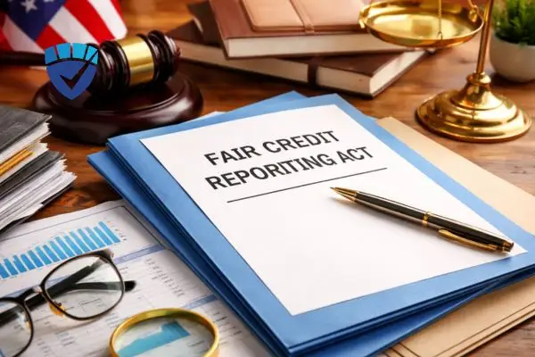 A blue folder on a desk labeled "Fair Credit Reporting Act" with a gavel, glasses, and an American flag in the background.