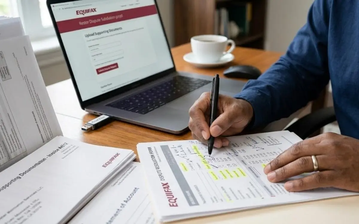 A close-up of a person filling out an Equifax credit dispute form beside a laptop.