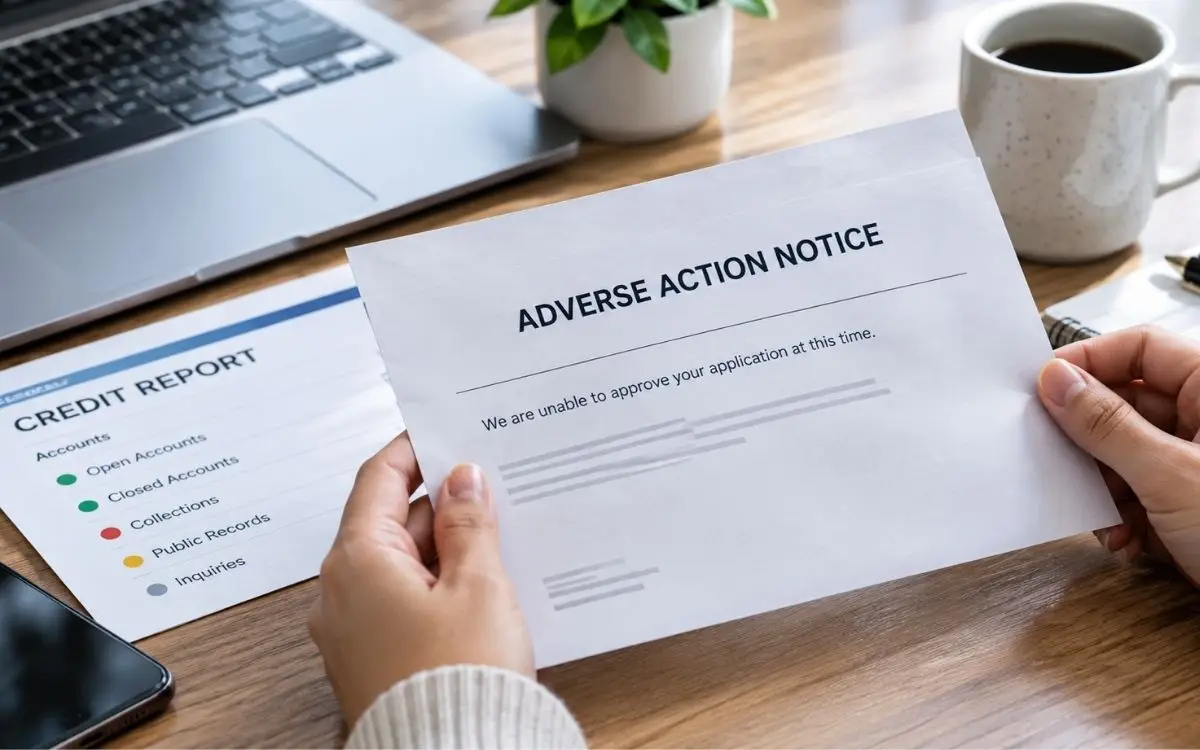 Hands holding an Adverse Action Notice beside a credit report and laptop.