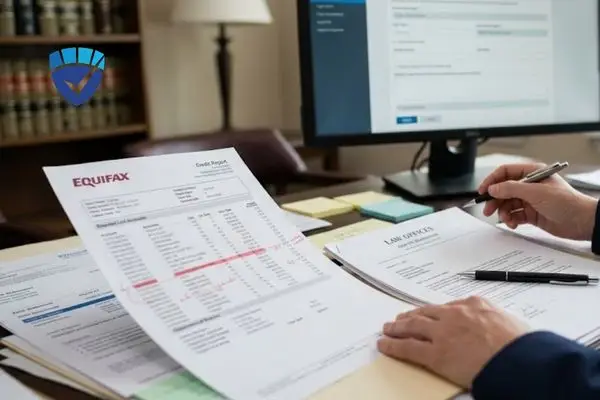 A legal professional at a desk reviewing an Equifax credit report with highlighted errors next to legal dispute documents and a computer screen.
