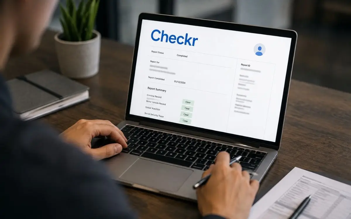 Person reviewing a Checkr background check report on a laptop.