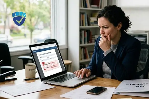 An HR professional reviewing a laptop screen showing background check errors.