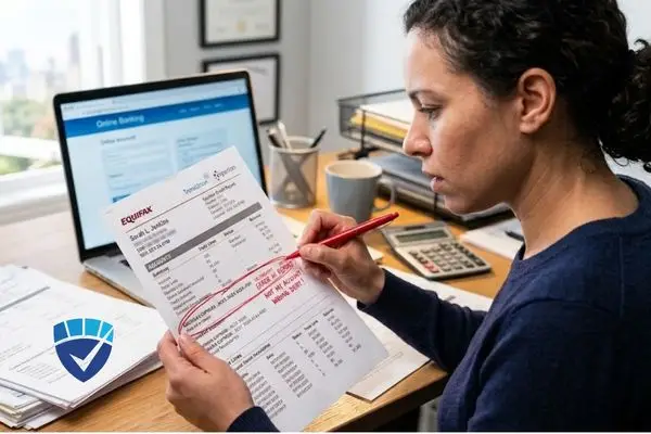 A woman holding a credit report highlighted with red handwritten notes near a laptop.