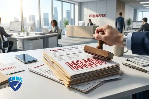 A man stamps a red "DECEASED INDICATOR" stamp onto an Equifax Credit Report in an office.