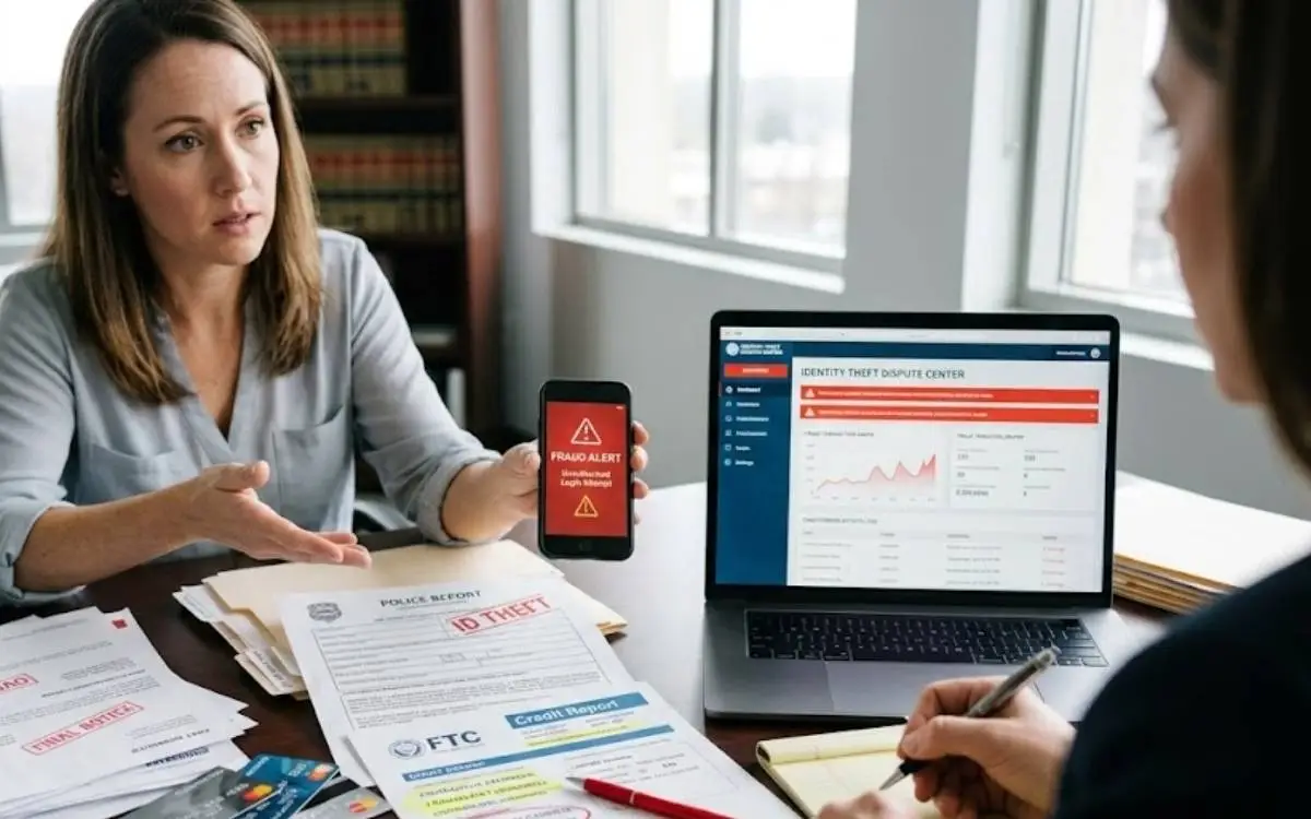 Client showing identity theft documents and a fraud alert on her phone to a lawyer.
