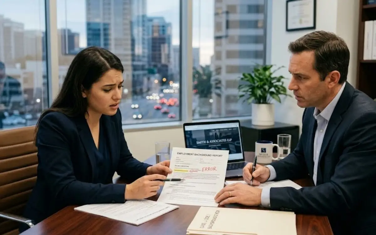 Client and lawyer reviewing a background check error.