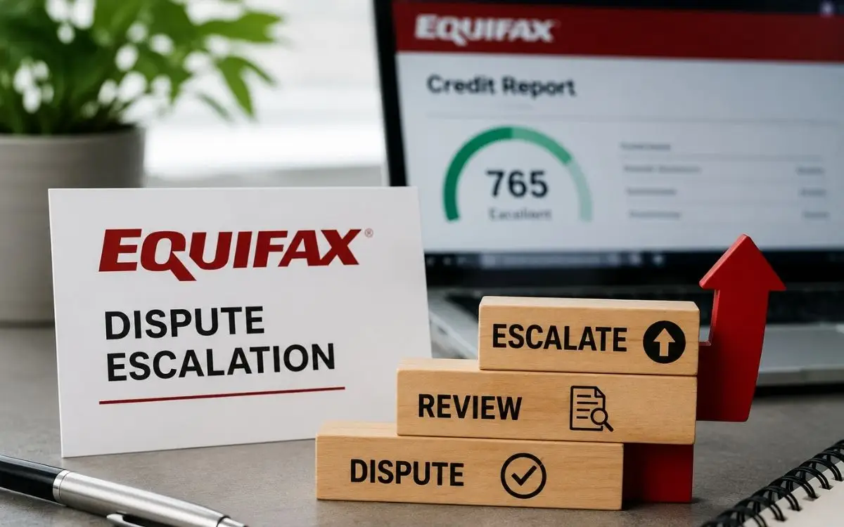 Equifax dispute escalation documents and review process on an office desk.