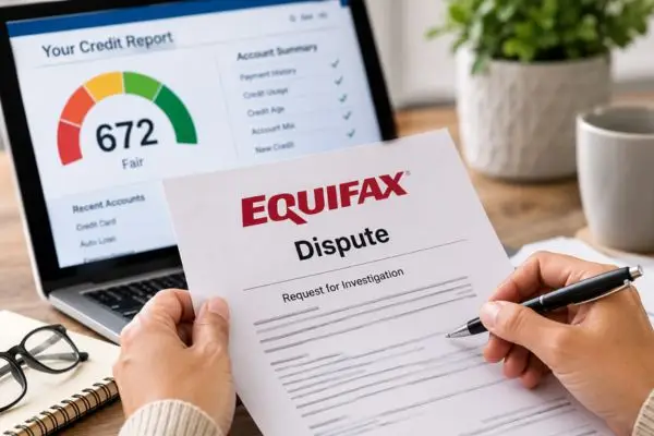 Person reviewing an Equifax credit report dispute document at a desk.
