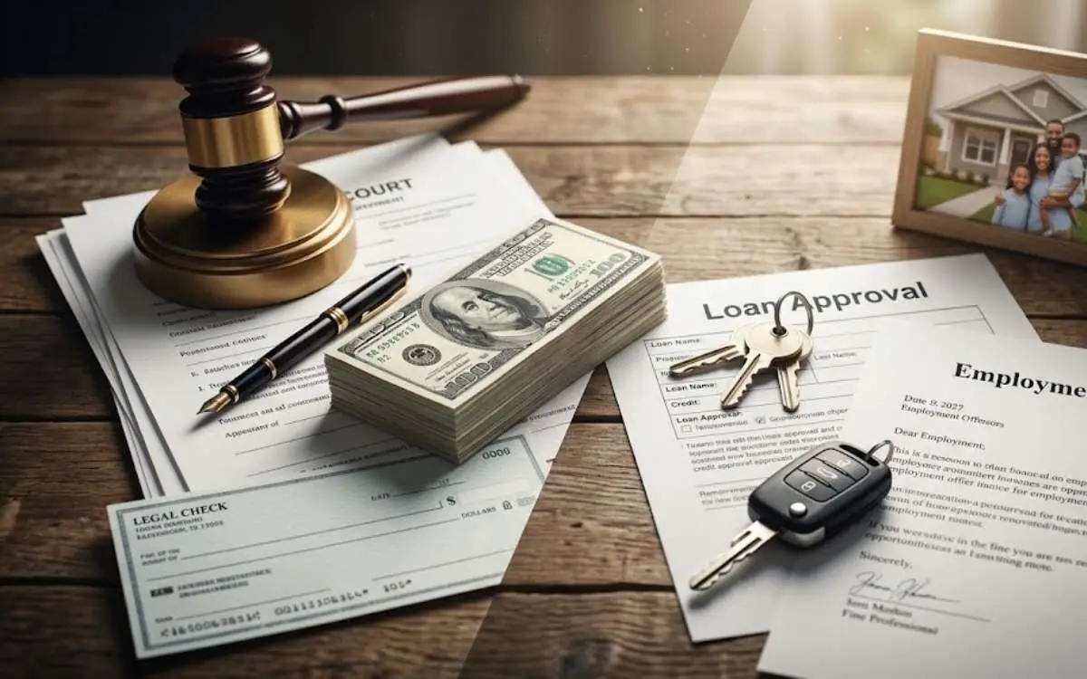 A wooden gavel rests on a desk alongside cash, a legal settlement check, loan approval documents, car keys, and an employment letter.