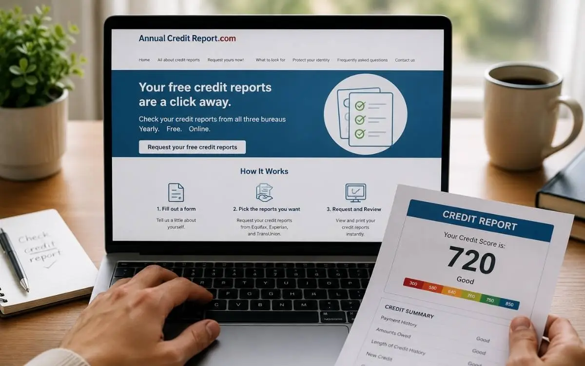 Person accessing a free credit report online with a printed credit report in hand.