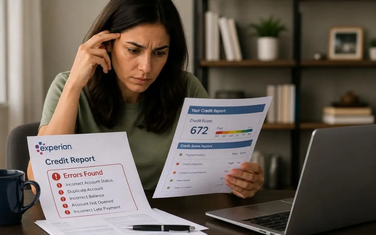 Woman reviewing a credit report with errors.