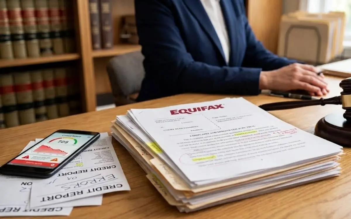 A legal document titled Equifax sits on a desk stacked with paperwork, next to a gavel, smartphone displaying a credit score, and a person in a suit.