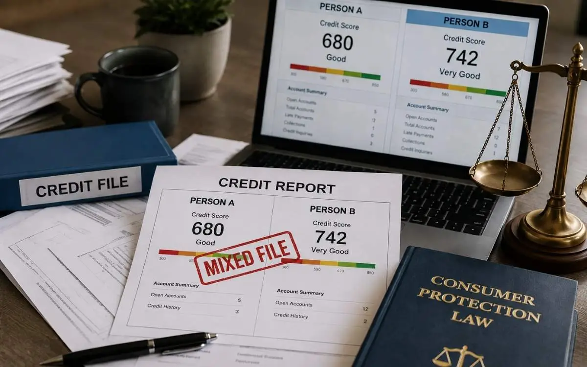 Office desk with a mixed credit report, legal documents, and consumer protection law materials.