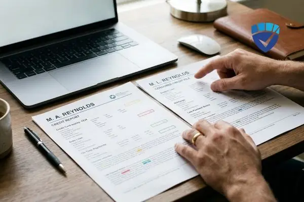 Hands reviewing printed credit reports on a desk next to a laptop.