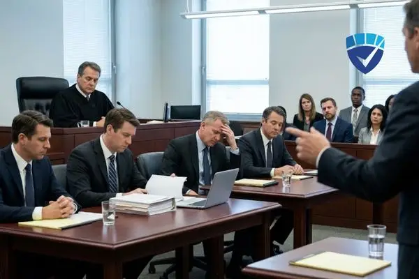 A defense legal team looks stressed and defeated at the counsel table in a courtroom before a judge.