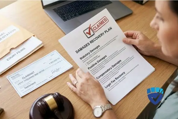 A woman at a desk with a settlement check and legal documents titled "DAMAGES RECOVERY PLAN."