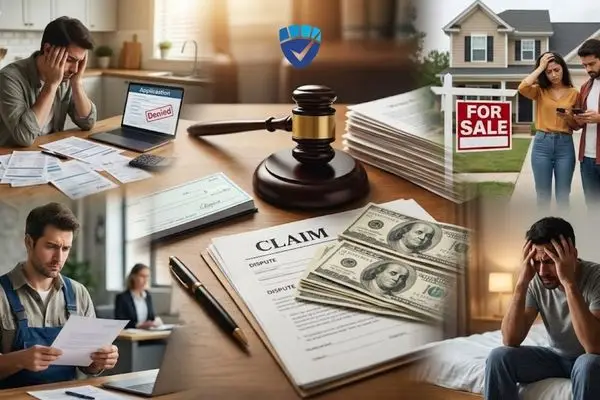 A legal gavel, cash, and claim documents are surrounded by people experiencing the stress of denied applications, housing issues, and employment struggles.