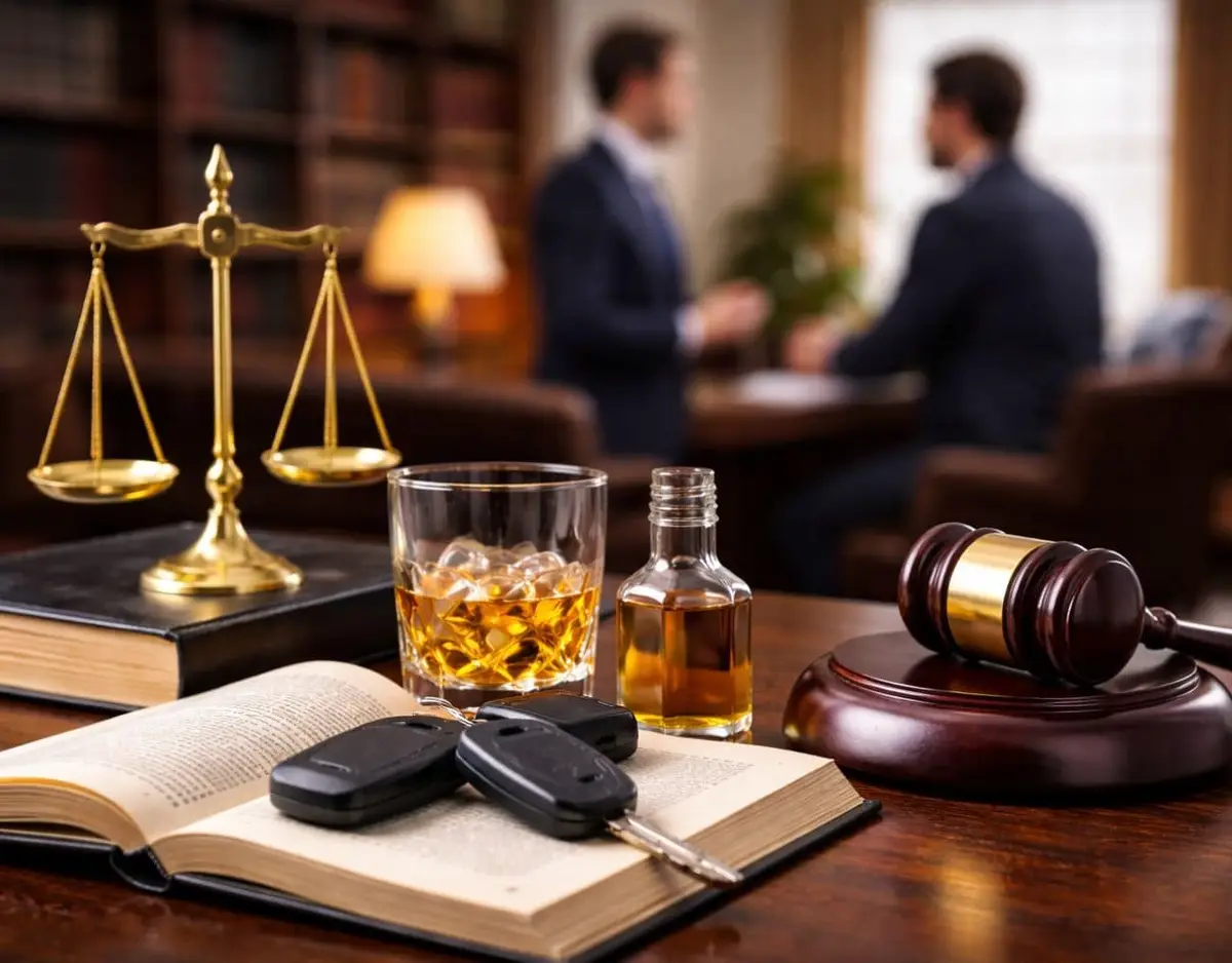 lawyers talking behind desk with glass of alcohol, car keys, and gavel