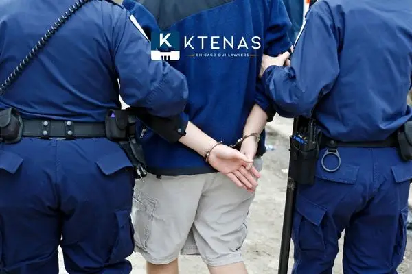 Rear view of two police officers holding a handcuffed person in shorts.