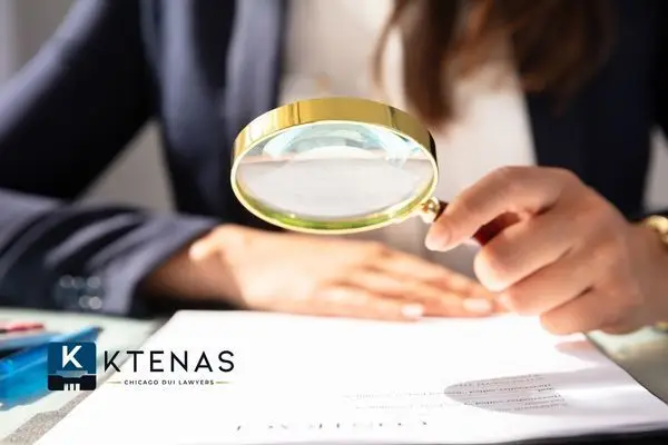 A person in a suit holds a gold-rimmed magnifying glass over a document