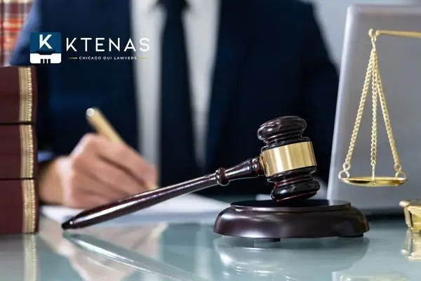 wooden gavel with a lawyer in a suit writing in the background