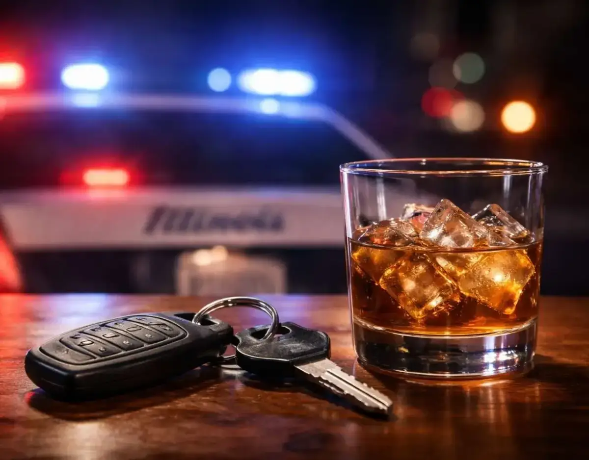 Car keys and a whiskey glass on a table with blurred police lights from an Illinois patrol car in the background.