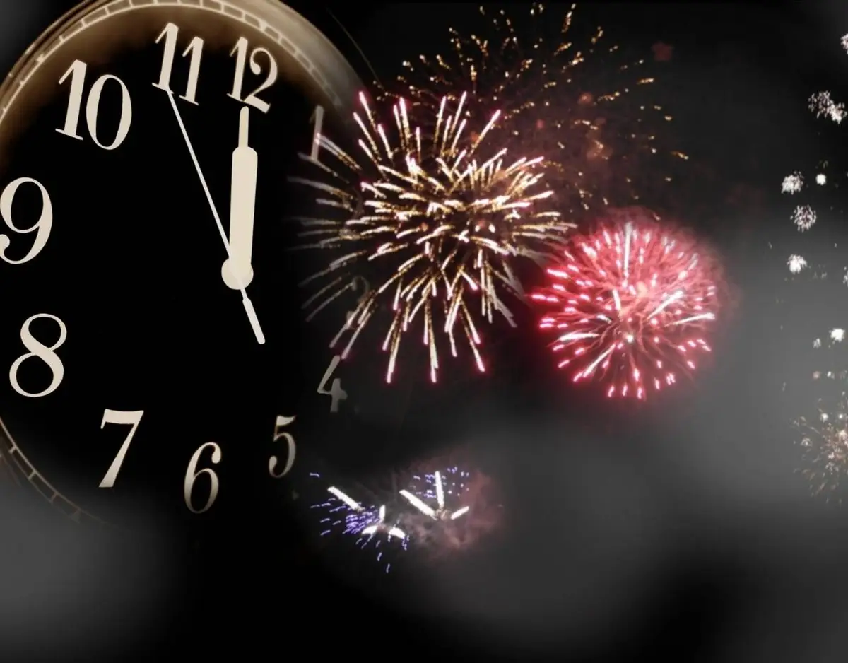 New year fireworks and a clock