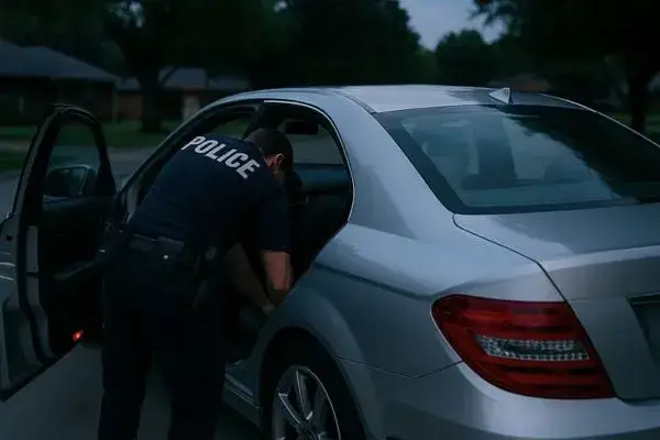 police officer checking the backseat of a small car