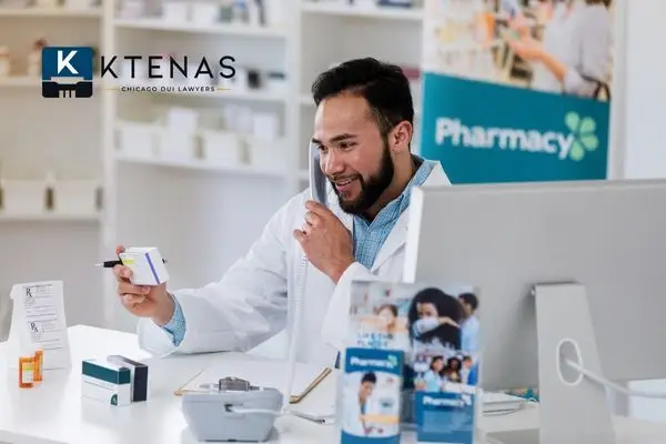 Pharmacist on the phone looking at a prescribed medicine
