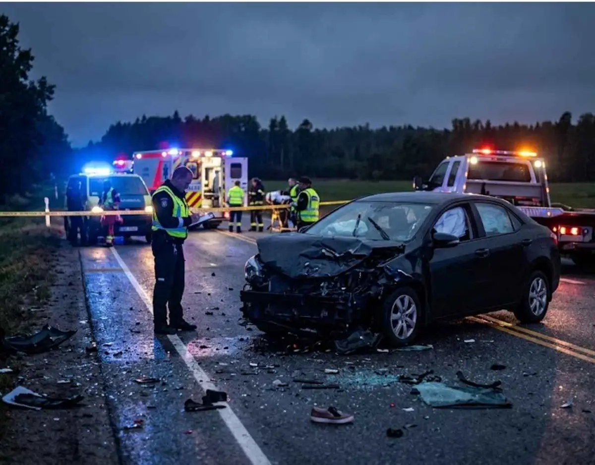 Emergency responders and police officers process a serious night car accident scene with a heavily damaged vehicle on a road.