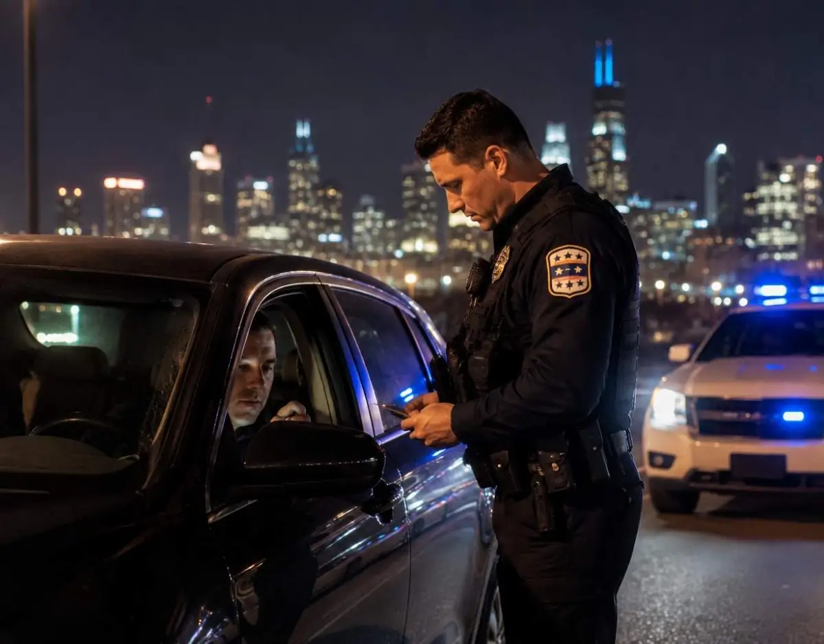 Chicago police officer conducting a nighttime DUI traffic stop with flashing patrol lights.