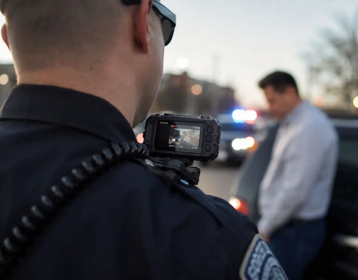 Police body camera recording a DUI traffic stop.