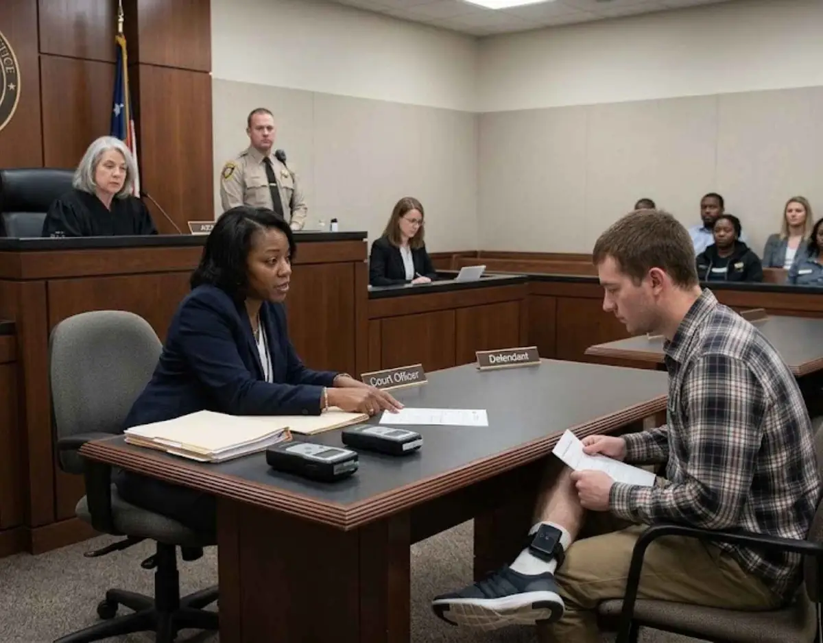 A man wearing an ankle monitor sits across from an official in a courtroom during a DUI supervision review.