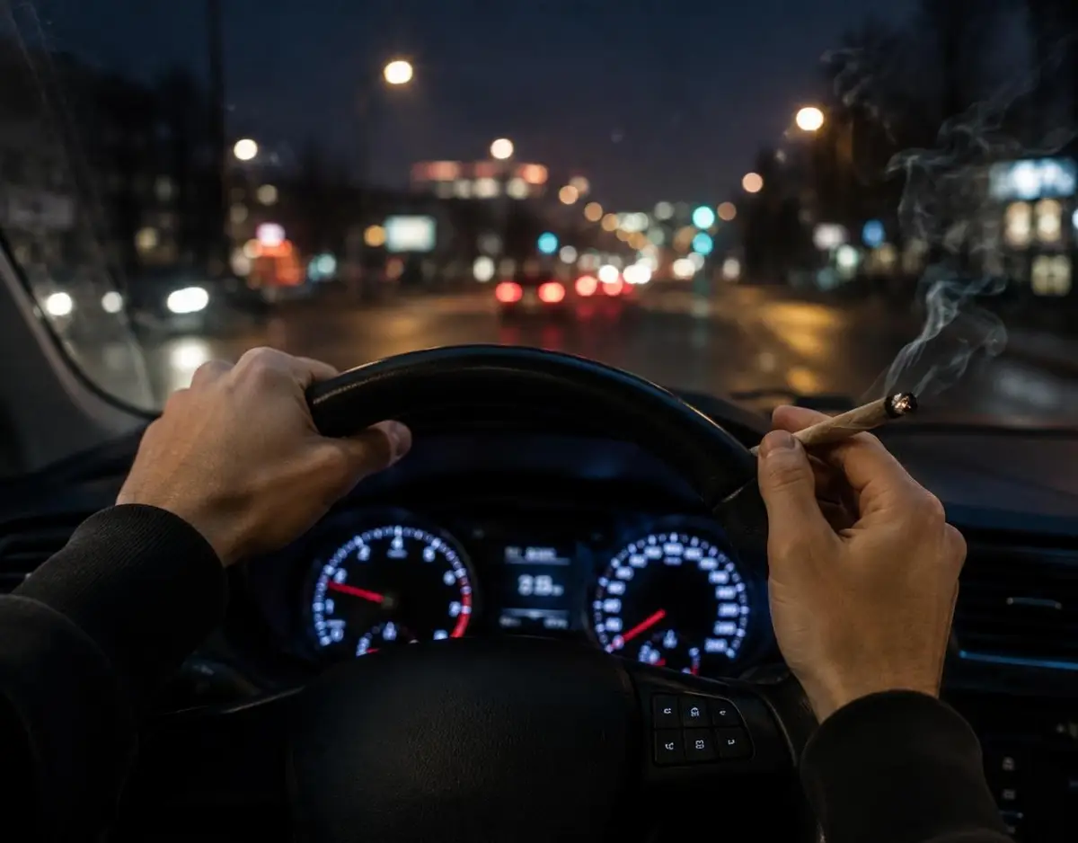 Person driving at night while holding a lit joint.