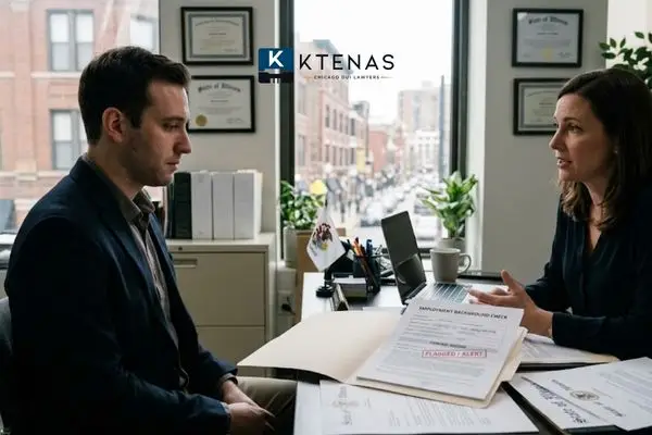 An HR manager discussing an employment background check during a job interview in an office.