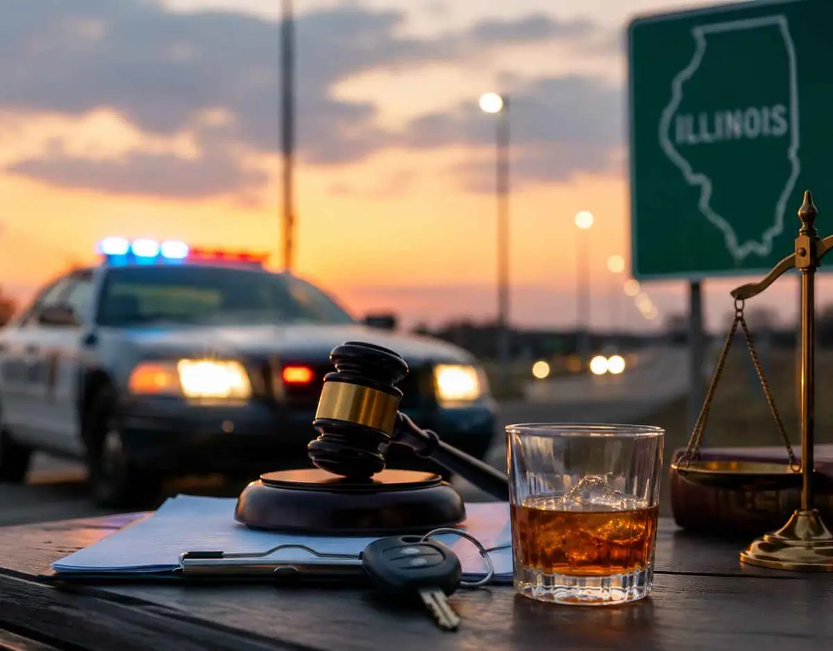 Police car and Illinois state sign with legal items in the foreground.