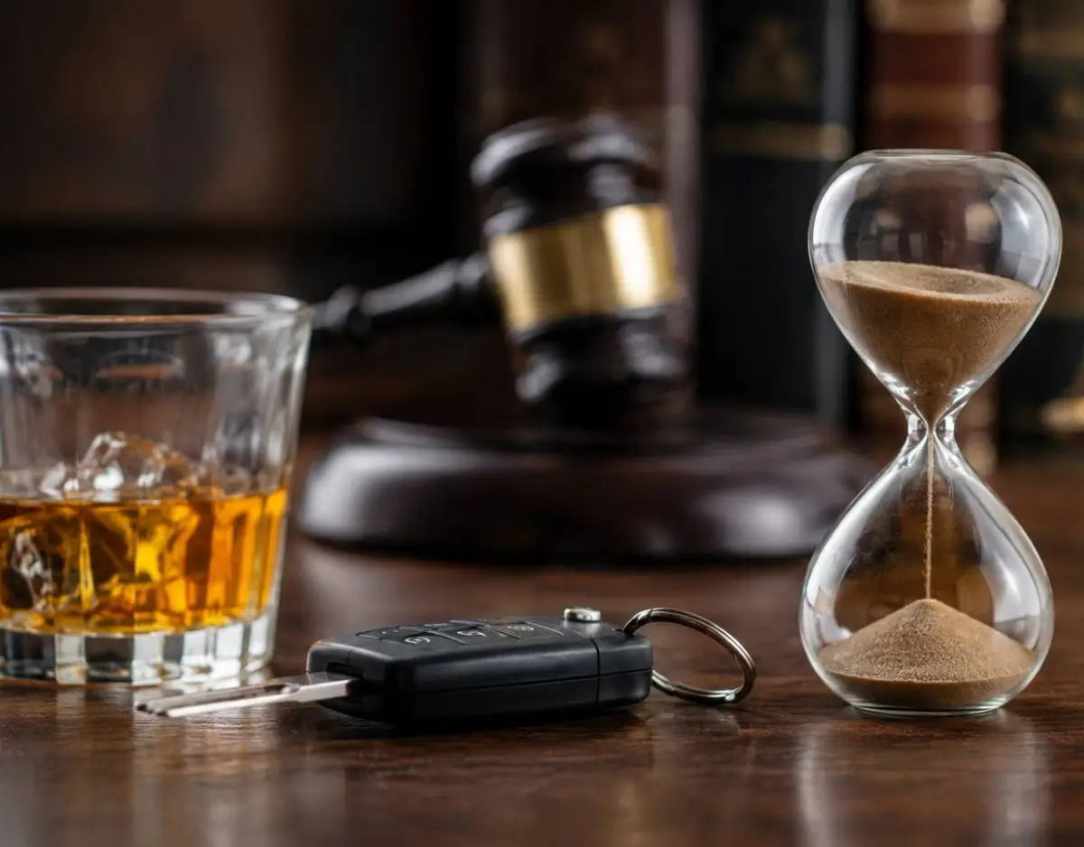 DUI case timeline with car keys, alcohol, and an hourglass.
