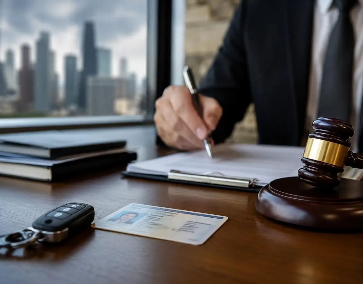 Gavel, driver's license, and car keys on a desk with the Chicago skyline in the background.