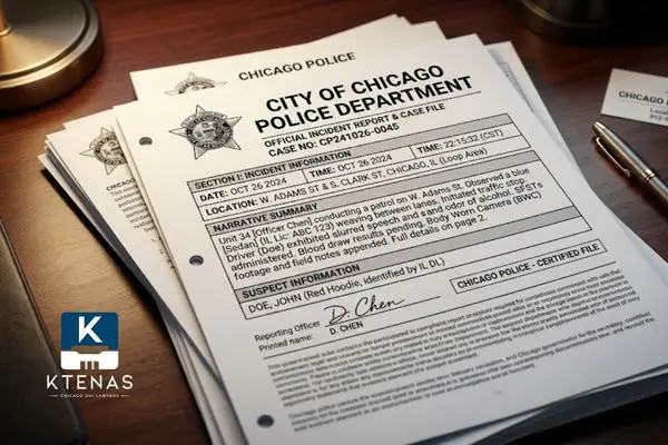 A photo of Chicago Police DUI report documents on a desk.