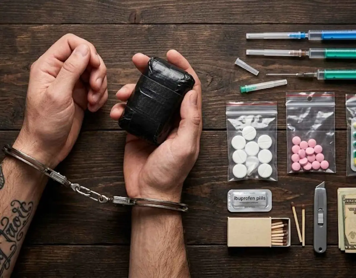 Handcuffed tattooed hands, black parcel, syringes, pills, cash, matches, on wood.