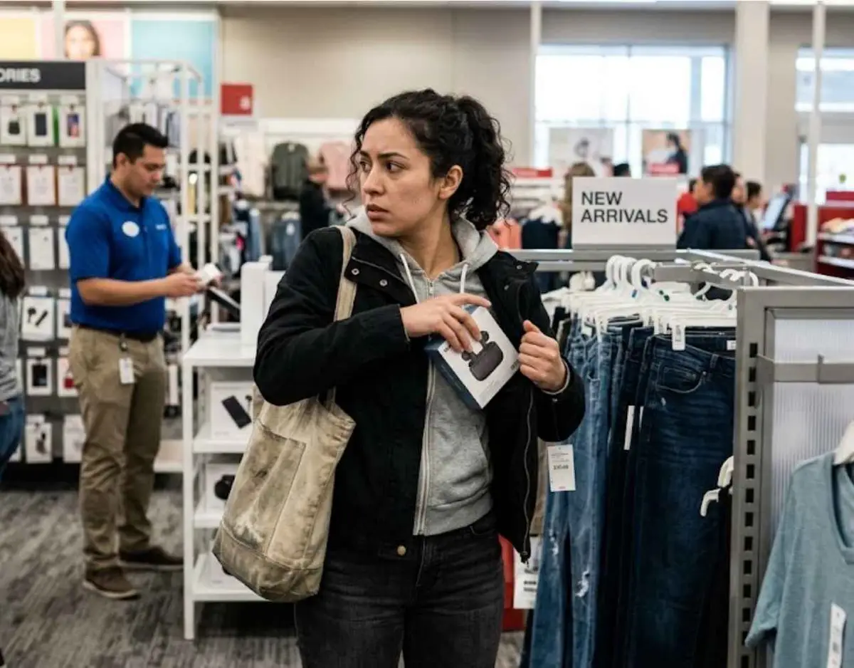 A woman shoplifting an electronic device