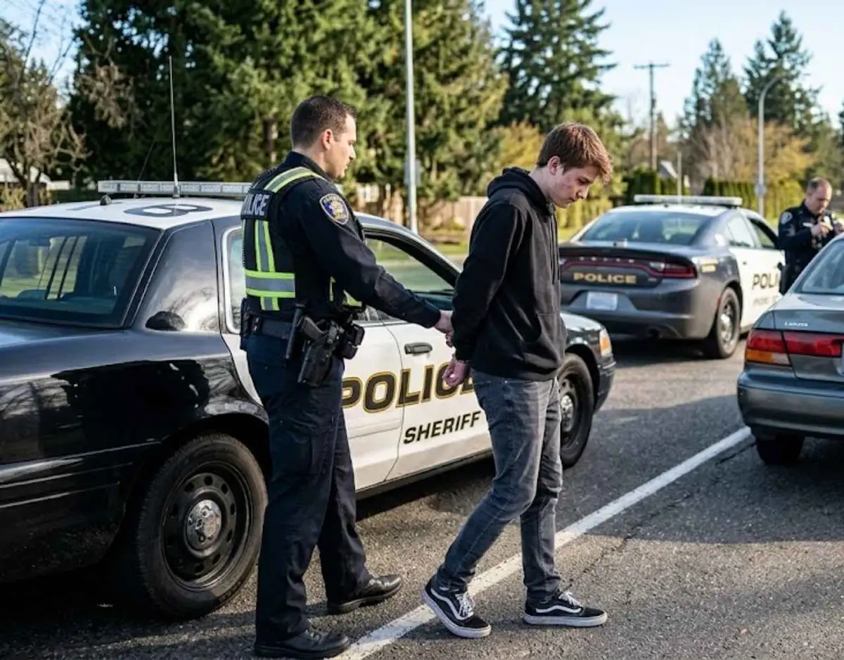 A police officer handcuffs a young driver next to a police car on the side of a road during the day.