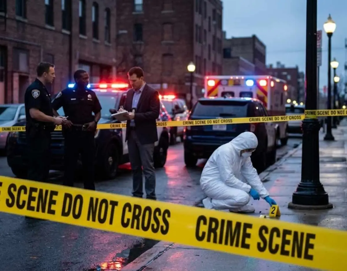 A police crime scene with officers and a forensic investigator