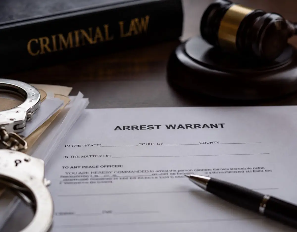 Arrest warrant document with handcuffs and gavel.
