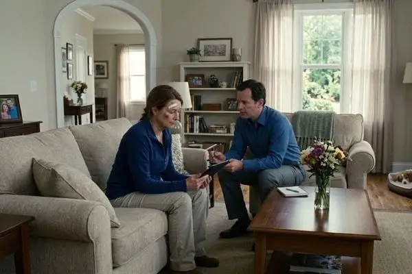 A lawyer in a living room consulting with an injured woman.