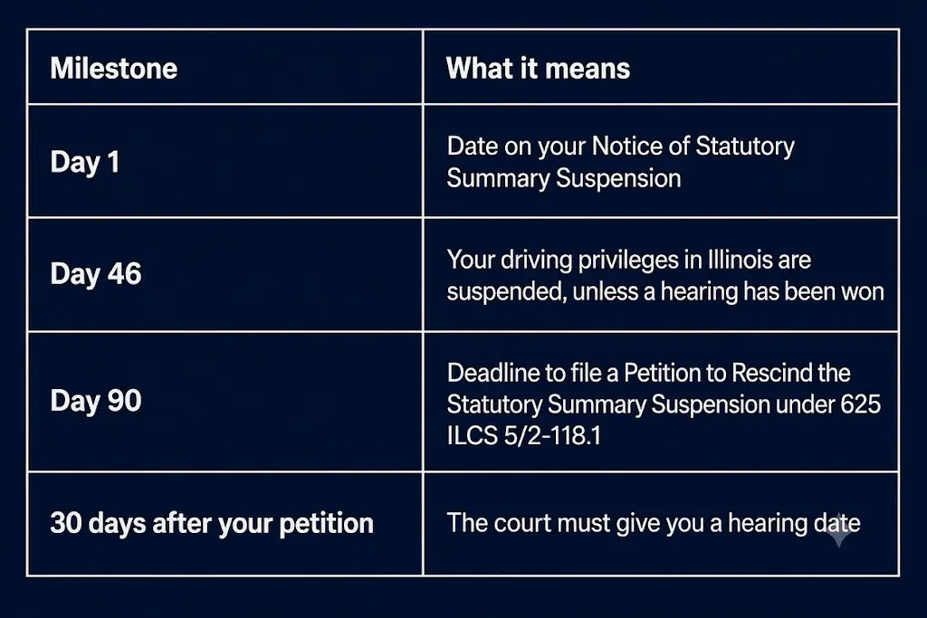 Table outlining Illinois license suspension timeline milestones and meanings.